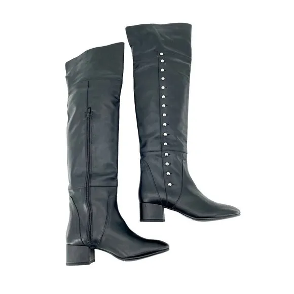 Charles David Boots Black Leather Over-The-Knee Studded Military SZ 6.5 NEW