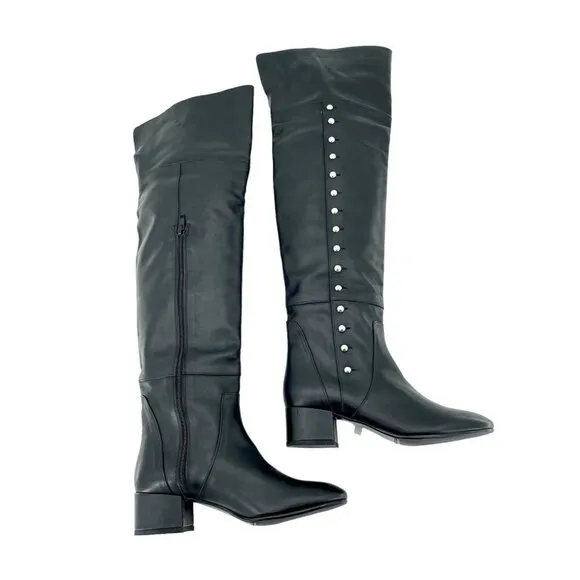 Charles David Boots Black Leather Over-The-Knee Studded Military SZ 6.5 NEW