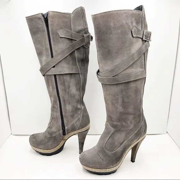 {Charles David} Distressed Suede/Leather Strappy Tall Boots