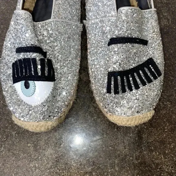 Chiara Ferragni Flirting Silver Glitter Wink Eye Ballet Slip On Flats SZ 36, 5.5