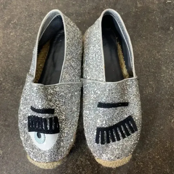 Chiara Ferragni Flirting Silver Glitter Wink Eye Ballet Slip On Flats SZ 36, 5.5