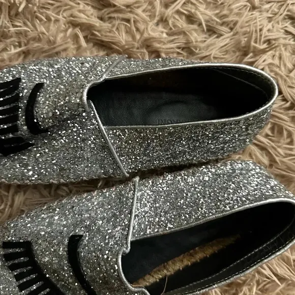 Chiara Ferragni Flirting Silver Glitter Wink Eye Ballet Slip On Flats SZ 36, 5.5