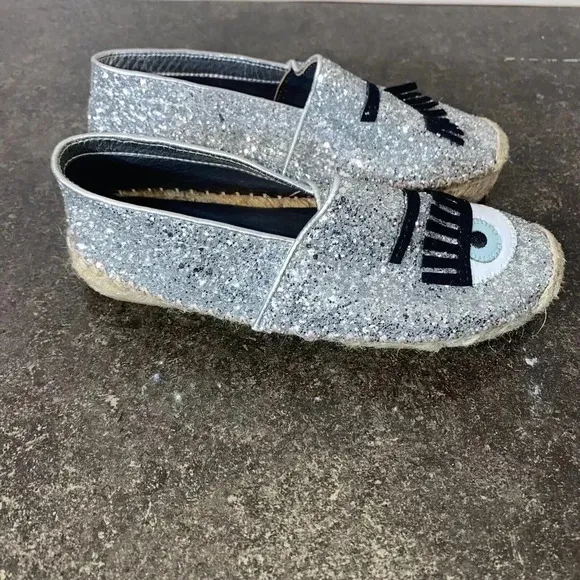 Chiara Ferragni Flirting Silver Glitter Wink Eye Ballet Slip On Flats SZ 36, 5.5