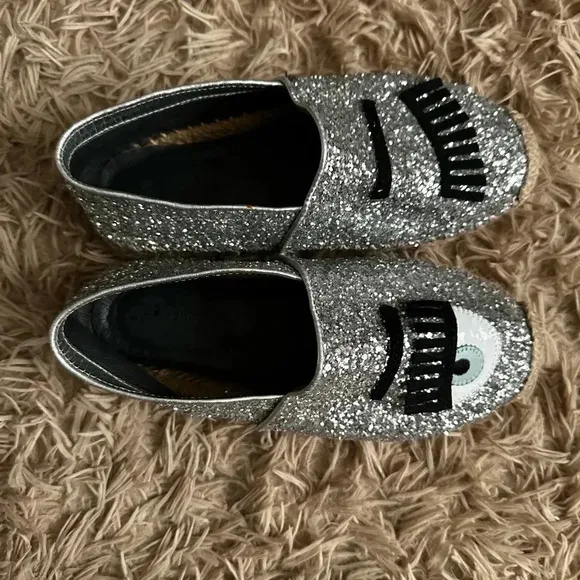 Chiara Ferragni Flirting Silver Glitter Wink Eye Ballet Slip On Flats SZ 36, 5.5