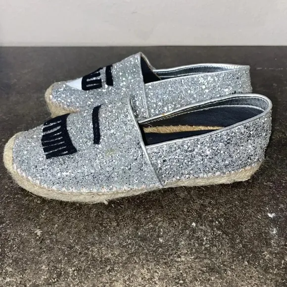 Chiara Ferragni Flirting Silver Glitter Wink Eye Ballet Slip On Flats SZ 36, 5.5