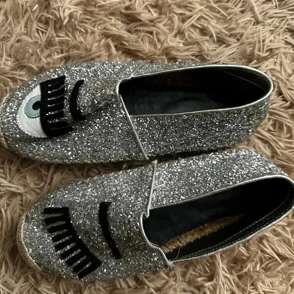 Chiara Ferragni Flirting Silver Glitter Wink Eye Ballet Slip On Flats SZ 36, 5.5