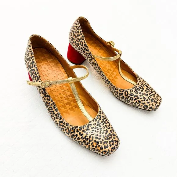 Chie Mihara T-Strap Leopard Animal Print Red Block Heel Mary Jane Shoes Size 40
