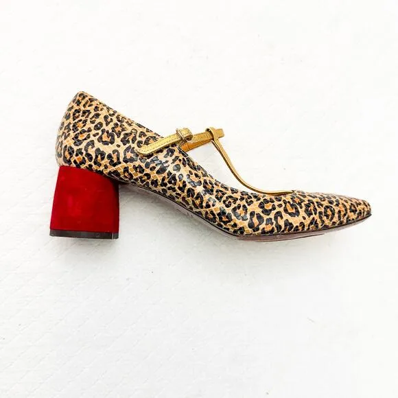 Chie Mihara T-Strap Leopard Animal Print Red Block Heel Mary Jane Shoes Size 40