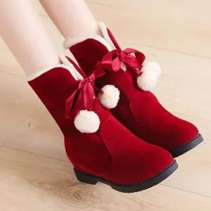 Christmas Elf Fleece Ankle Boots | Women Winter Sherpa Tassel Pom Pom Ball Shoes