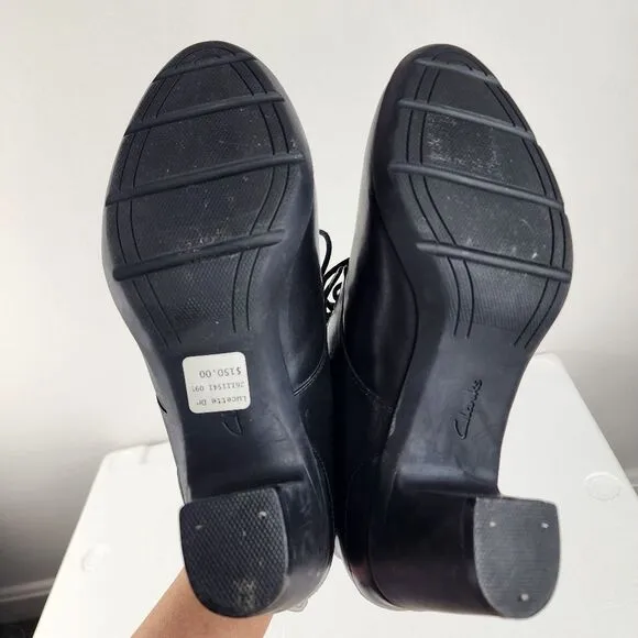 Clarks Artisan Lucette Drama Lace-up Bootie Black Leather Heels Shoes Size 9.5