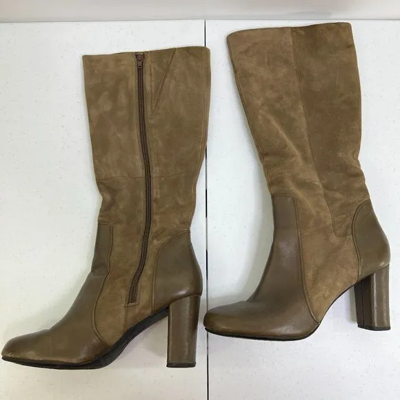 Clarks Boots 10 M Suede Brown Leather High Heel Block Tall‎ Knee Indigo Riding