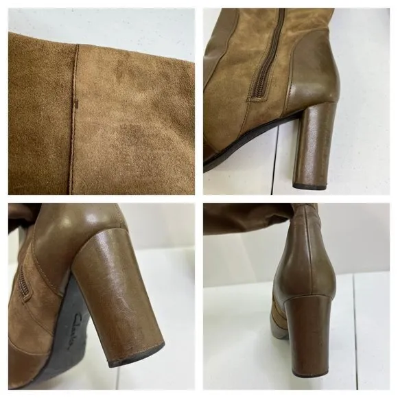 Clarks Boots 10 M Suede Brown Leather High Heel Block Tall‎ Knee Indigo Riding
