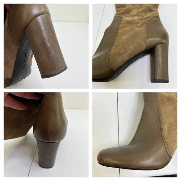 Clarks Boots 10 M Suede Brown Leather High Heel Block Tall‎ Knee Indigo Riding
