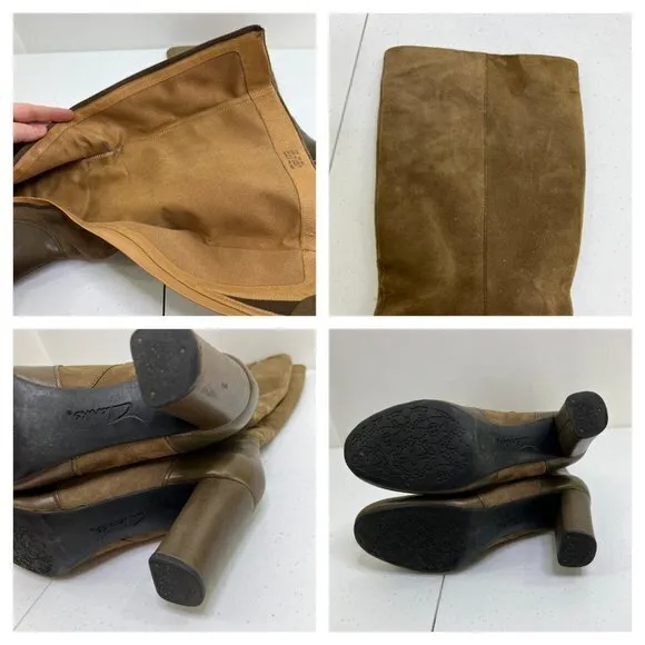 Clarks Boots 10 M Suede Brown Leather High Heel Block Tall‎ Knee Indigo Riding