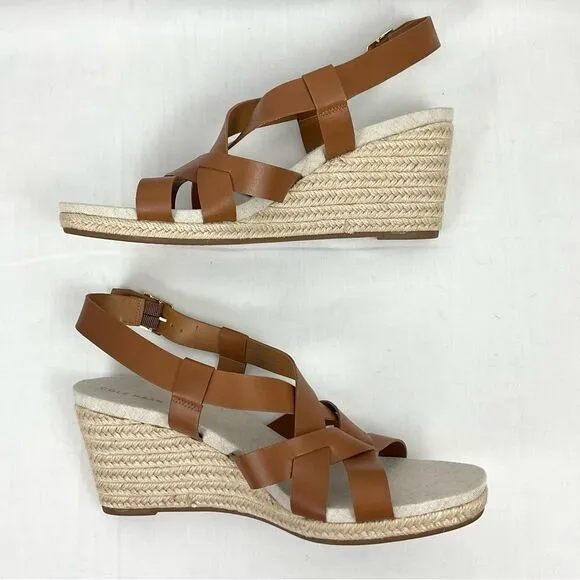 Cole Haan Brown Wedge Sandals Leather Espadrille Crystal NEW Sz 10 Buckle