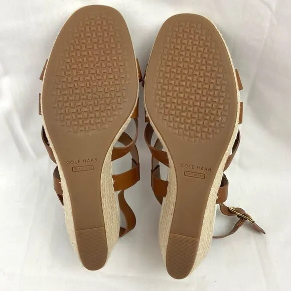 Cole Haan Brown Wedge Sandals Leather Espadrille Crystal NEW Sz 10 Buckle