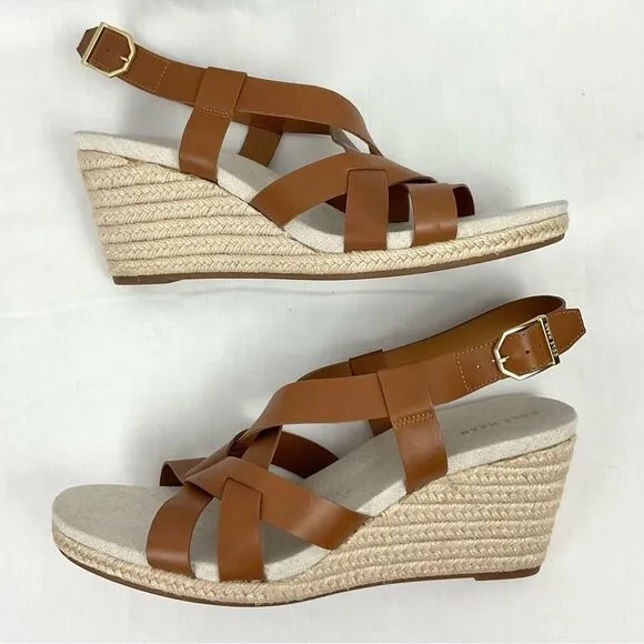 Cole Haan Brown Wedge Sandals Leather Espadrille Crystal NEW Sz 10 Buckle