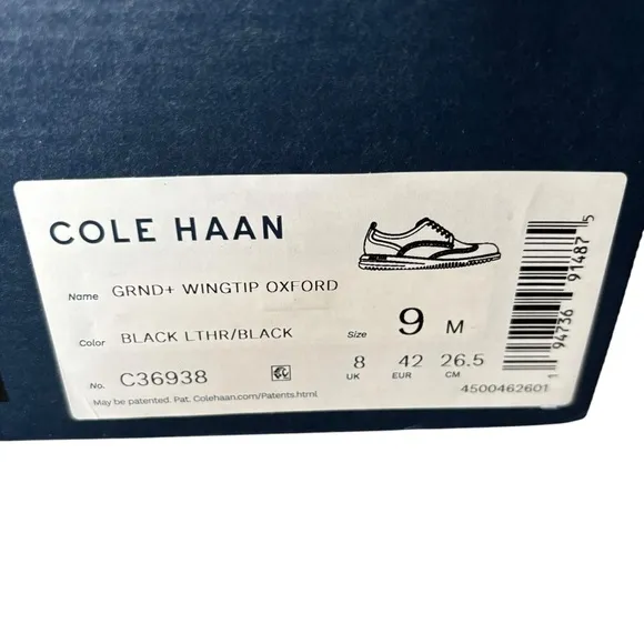 Cole Haan Men's Black Leather Shoes Men's Grand Wingtip Oxfords- Size 9