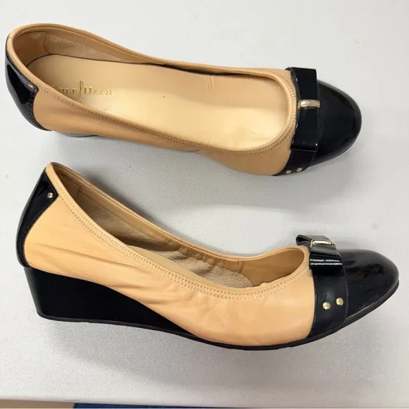 Cole Haan Tan Black Leather Cap Toe Wedge Heels Women’s 9.5 Classic Preppy Shoes