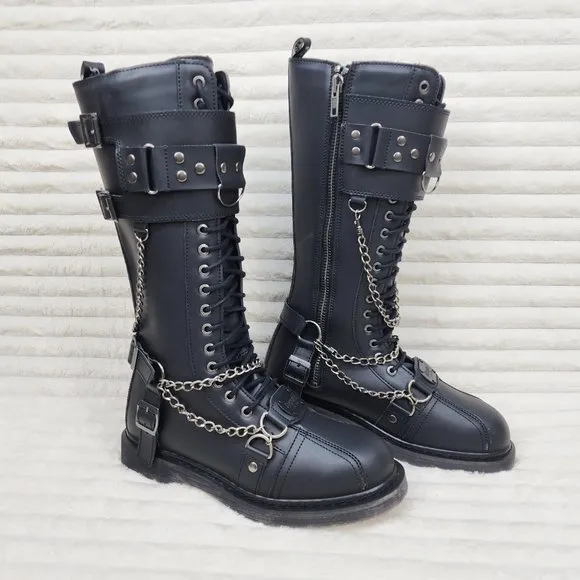 Combat Biker Boots Black Matte Lightning Bolt Tread Bolt 415 Goth Punk