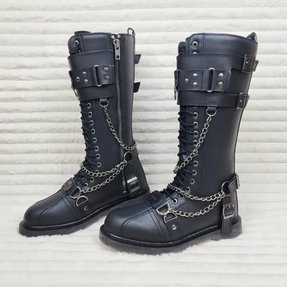 Combat Biker Boots Black Matte Lightning Bolt Tread Bolt 415 Goth Punk