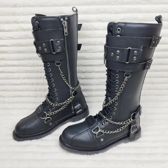 Combat Biker Boots Black Matte Lightning Bolt Tread Bolt 415 Goth Punk