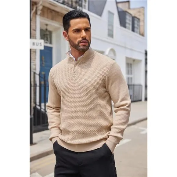 COOFANDY Men's Quarter Button Sweater Lightweight Mock Neck Pullover Sweater