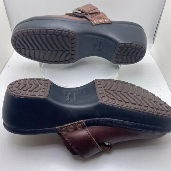 CROCS Women's 10 Brown Cobbler BuckleClog Mules Shoes Leather Sandals