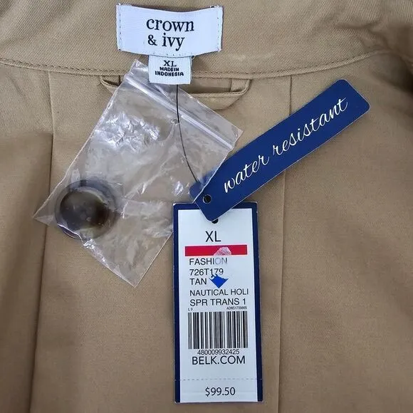 Crown &amp; Ivy Short Trench Coat Double Breasted Striped Sleeves Water Resistant
