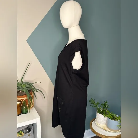 Cynthia Steffe Black Utility Mini Dress Y2K Cap Sleeve Mod Pockets Stretch 10