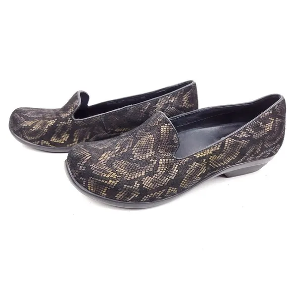 Dansko Olivia Bronze Snake Leather Comfort Slip On Clogs Shoes Size 37 US 6.5-7