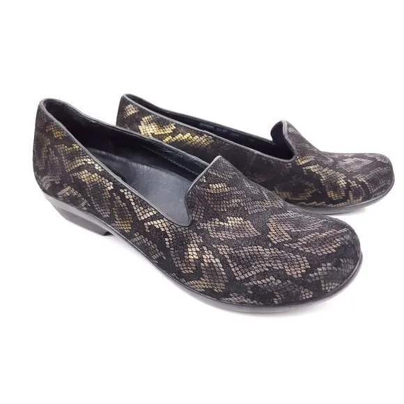 Dansko Olivia Bronze Snake Leather Comfort Slip On Clogs Shoes Size 37 US 6.5-7