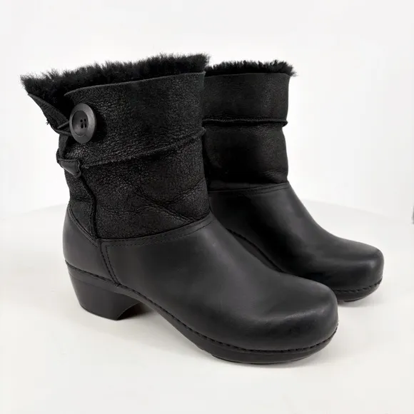 DANSKO | Stormy Shearling Fur Lined Clog Boots in Black Leather | Sz 8.5-9