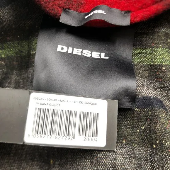 Diesel Plaid Coat Red Black Plaid Flannel Women's Sz L NWT $875