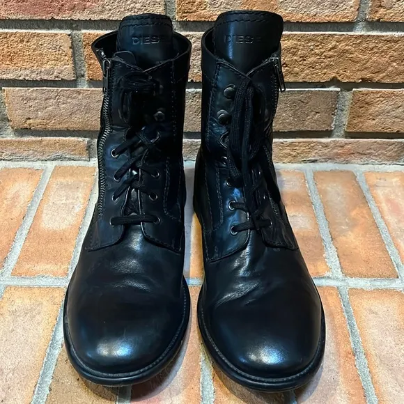 DIESEL The Pit Black Leather Lace-Up Side Zipper Military Moto Boots 45 US 11.5