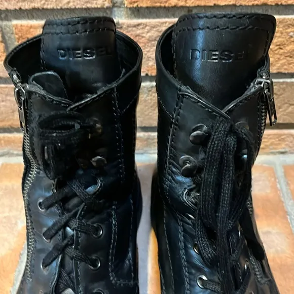 DIESEL The Pit Black Leather Lace-Up Side Zipper Military Moto Boots 45 US 11.5