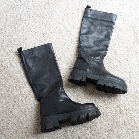 Divine Follie Tall Leather Combat Boots, size 37