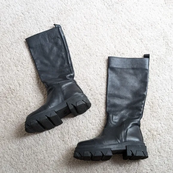 Divine Follie Tall Leather Combat Boots, size 37