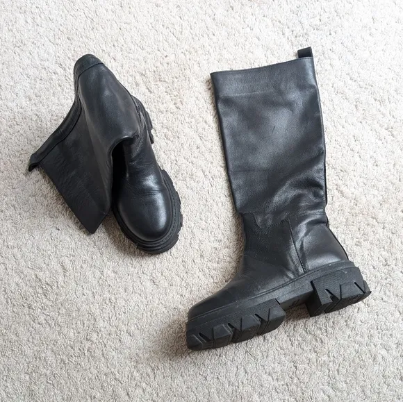 Divine Follie Tall Leather Combat Boots, size 37