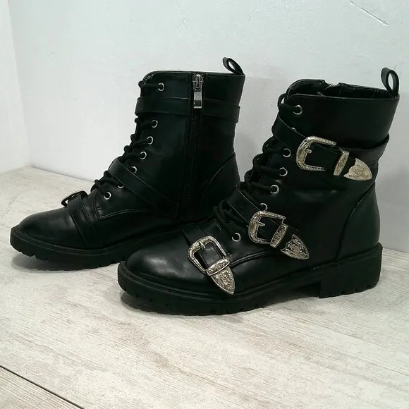Dolls Kill Combat Moto Lace up Black Boots with Silver Buckle Strap Size 6