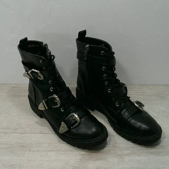 Dolls Kill Combat Moto Lace up Black Boots with Silver Buckle Strap Size 6