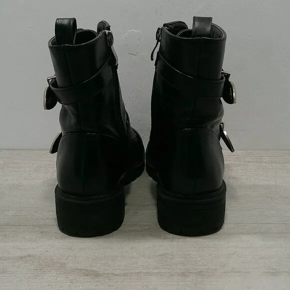 Dolls Kill Combat Moto Lace up Black Boots with Silver Buckle Strap Size 6
