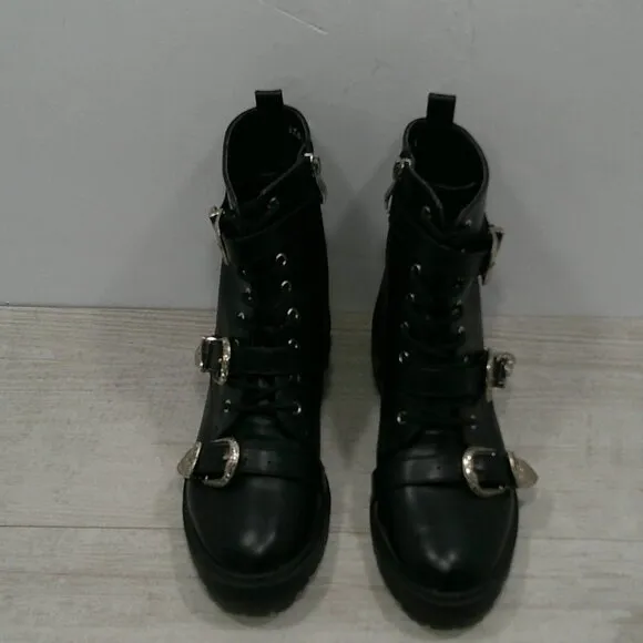Dolls Kill Combat Moto Lace up Black Boots with Silver Buckle Strap Size 6