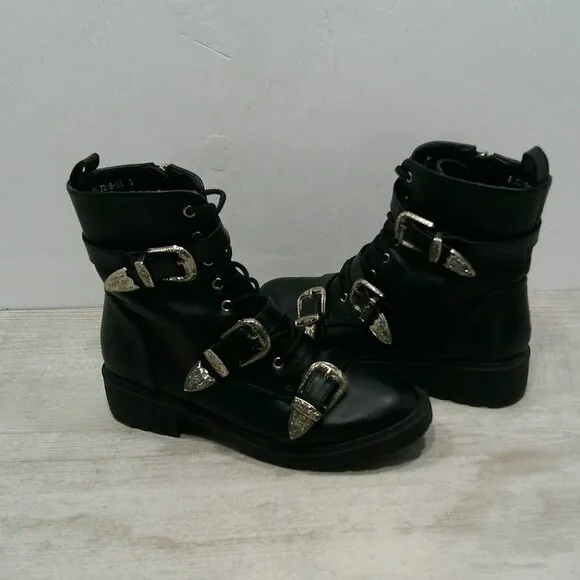 Dolls Kill Combat Moto Lace up Black Boots with Silver Buckle Strap Size 6