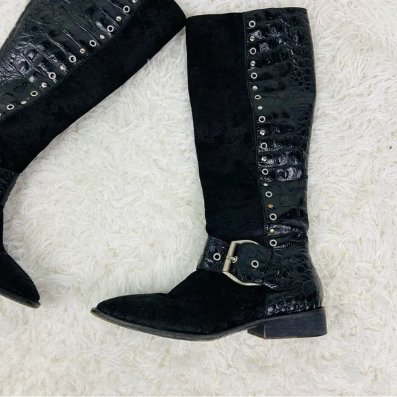 DONALD J. PLINER black suede leather silver studded tall boots size 9.5