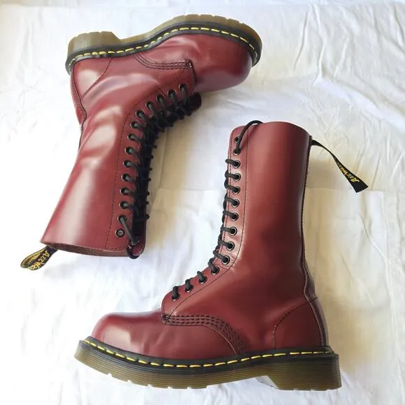Dr Doc Martens 1940 Women's 14 Eye Leather Tall Comat Boots Oxblood Red Size 6