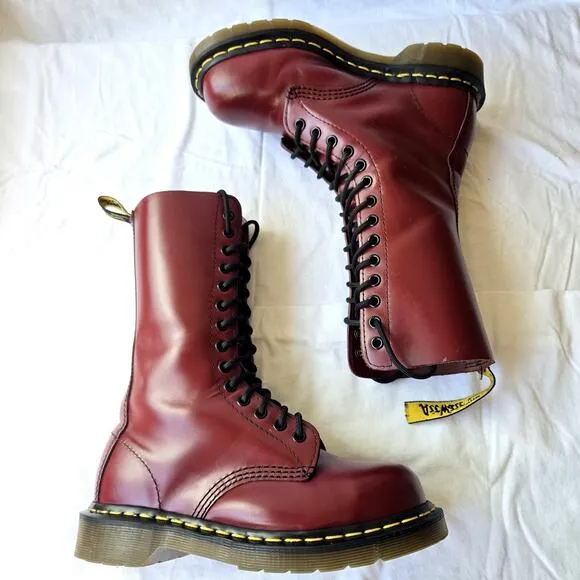 Dr Doc Martens 1940 Women's 14 Eye Leather Tall Comat Boots Oxblood Red Size 6