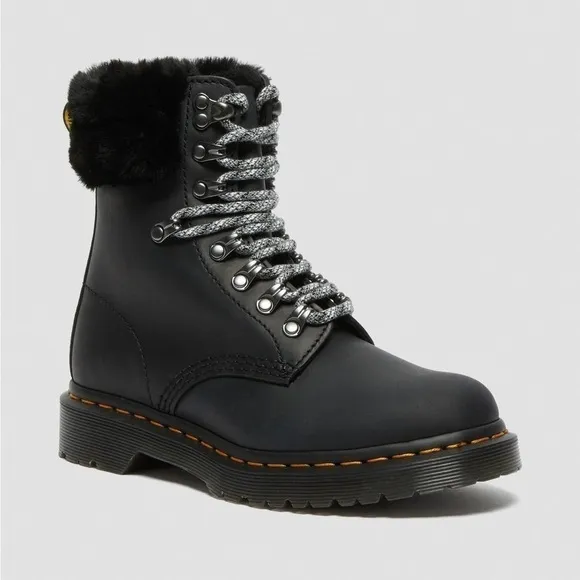 Dr. Martens 1460 Serena Collar Faux Fur Black Streeter Leather Boots Sz 5 Women