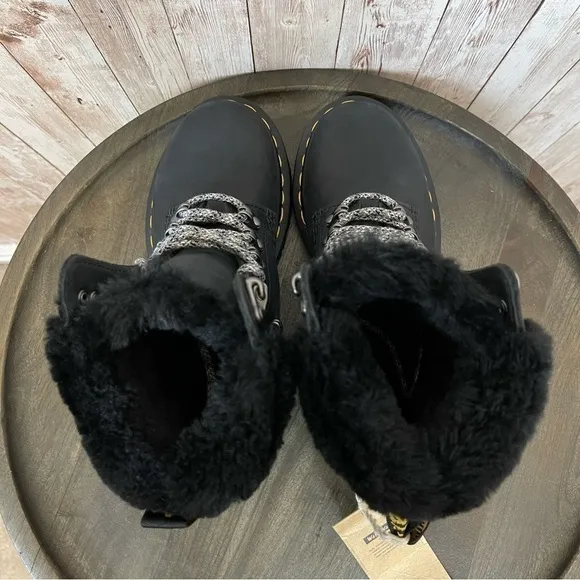 Dr. Martens 1460 Serena Collar Faux Fur Black Streeter Leather Boots Sz 5 Women