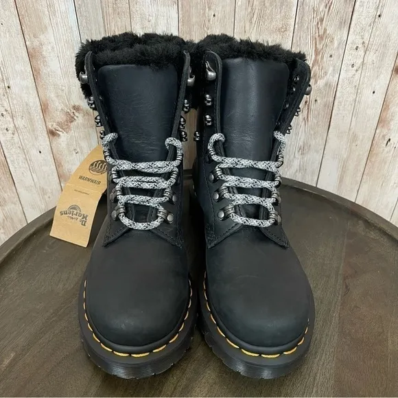 Dr. Martens 1460 Serena Collar Faux Fur Black Streeter Leather Boots Sz 5 Women